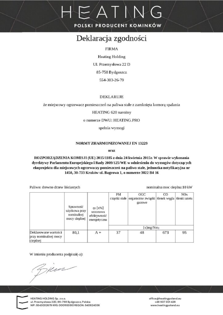 Deklaracja zgodności HEATING 620 narożny