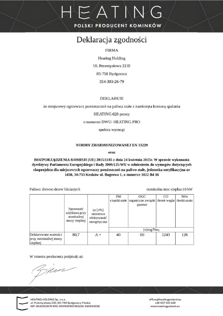 Deklaracja zgodności HEATING 620 prosty